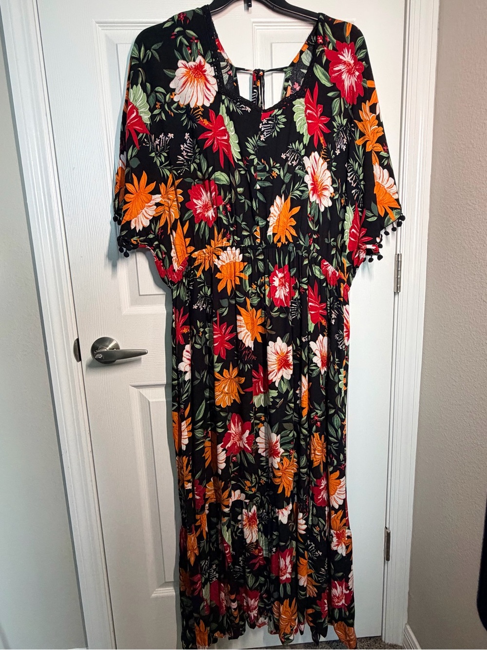 Capsule Black Floral Kaftan Dress with Red & Orange Blooms